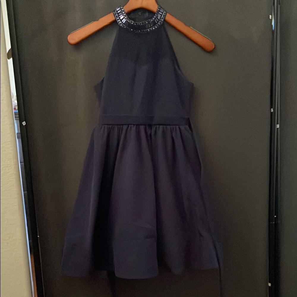 Navy blue Halter Dress with Embellished Neckline